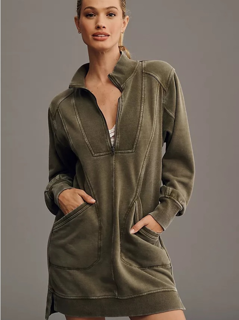 Anthropologie Olive Green Long-Sleeve Half-Zip Tunic Dress